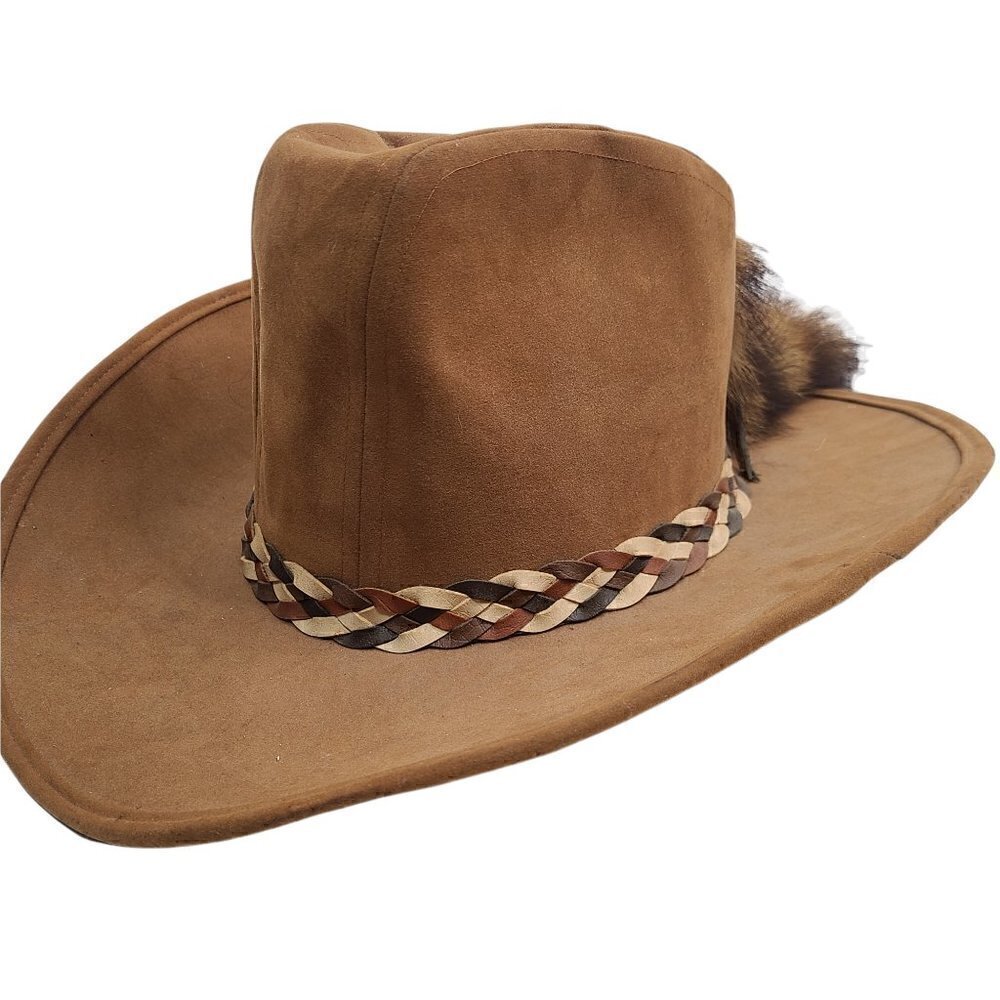 Vintage United Hatters Cap & Millinery RARE Suede Cowboy Hat S Raccoon Fur Tail